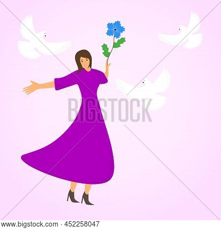 Pretty Woman Smiles And Holds A Cornflower In Her Hand Surrounded By White Pigeons As A Symbol Of Pe
