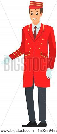 Young Man Working As Bellboy. Hotel Employee In Work Clothes. Personnel For Carrying Luggage And Ope