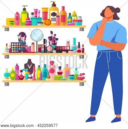 Shelf With Different Female Accessories And Perfumes. Lady Looking At Cosmetics And Perfumery. Woman
