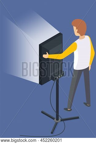 Lighting Specialist Installs Softbox To Diffuse Light. Technician Works With Softbox, Spotlight On S