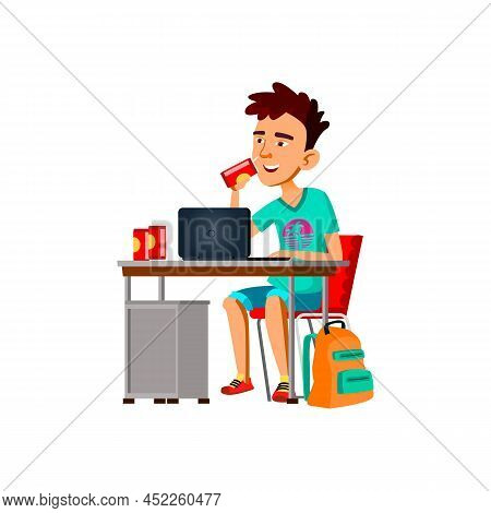 Teenager Boy Drinking Soda At Workplace Vector. Teen Make Home Exercise On Computer And Drinking Swe