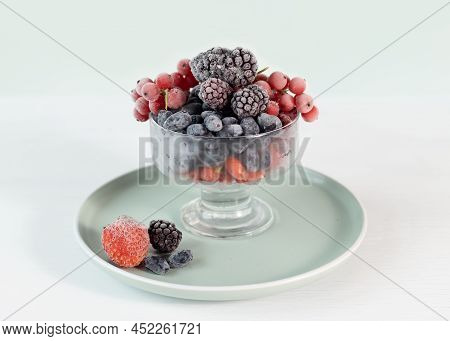 A Mix Of Frozen Berries In A Transparent Bowl. Berries Are Rich In Vitamin C, Home Freezing, Harvest