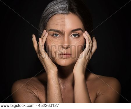 Aging Concept. Young And Old Face Comparision.