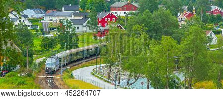 Flam, Norway Myrdal Flamsbana Train In Norwegian Village Near Sognefjord Fjord, Local Landmark