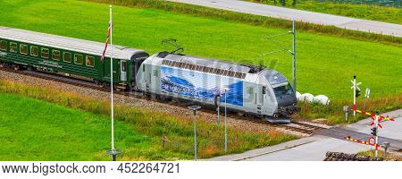 Flam, Norway - July 31, 2018: Myrdal Flamsbana Train In Norwegian Village Near Sognefjord Fjord, Loc