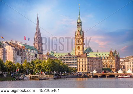 Hamburg, Germany Colorful Pink Sunset Or Sunrise View Of City Center With Rathaus Town Hall And Alst