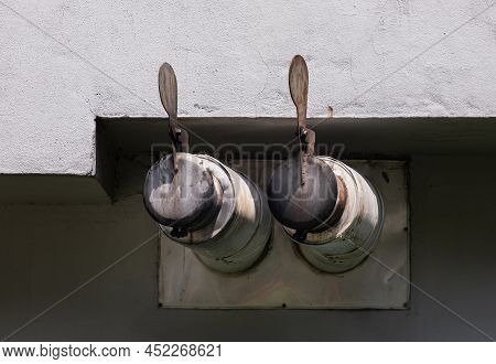 Air Vent System By Pipes Vented At Residential Building. Two Smoke Vent, Selective Focus.