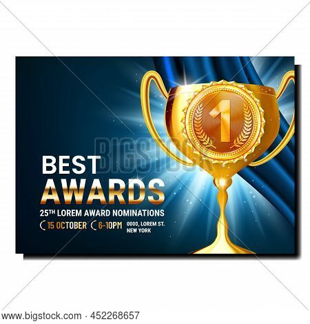 Best Awards Creative Promotional Poster Vector. Soccer Championship Winner Award Goblet On Advertisi