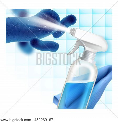 Disinfectant Spray Creative Promo Banner Vector. Disinfectant Spray Blank Bottle For Kill Germ And V