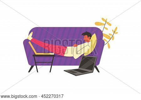 Man Napping On Couch At Home After Pizza Snack Flat Vector Illustration Isolated.