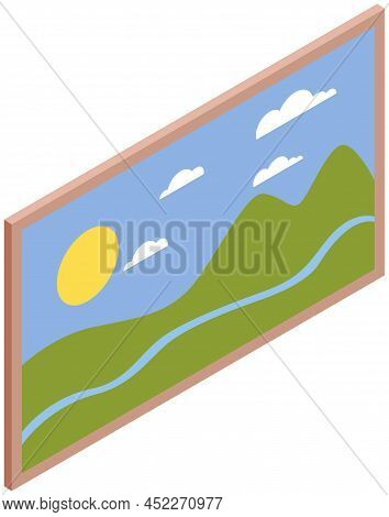 Picture With Painted Landscape In Frame. Home Decoration, Interior Element. Nature With Mountains An