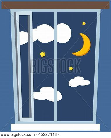 Night Out Window Icon In Cartoon Style Isolated On Blue Background. Night Sky With Stars, Clouds And