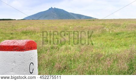 Boundary Stone In Krkonose (giant Mountains) With Mark C Like Czechia, With The Highest Mountain Of 