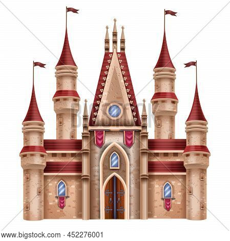 Medieval Castle, Magic Fantasy Fortress Isolated On White, Vector Stone Palace Game Illustration. An