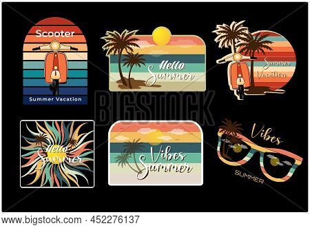 Set Of Summer Retro Design With Sun, Coconut Tree And Scooter Illustration