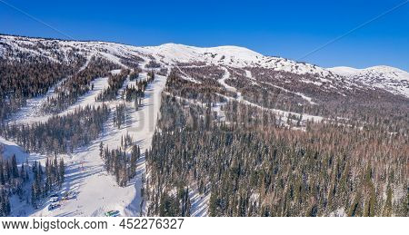 Aerial Top View Landscape Sheregesh Ski Lift Resort Winter, Mountain And Hotels, Russia Kemerovo Reg