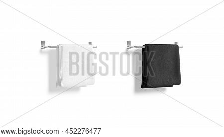 Blank Black And White Big Towel On Heated Rail Mockup, 3d Rendering. Empty Hanging Jack-towel On Sho