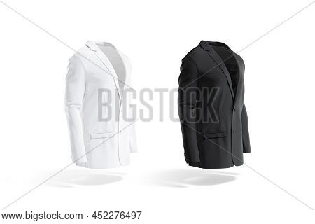 Blank Black And White Men Blazer Mockup, Side View, 3d Rendering. Empty Ulster Man Formalwear For Ce