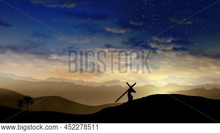 Jesus Christ Ascending The Hill Bearing The Cross. Easter, Resurrection, Calvary, Redemption Concept