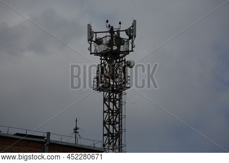 Television Information Receiver On The Roof Of The Building. Antenna For Internet And Tv