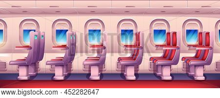 Cartoon Empty Airplane Interior With Aircraft Windows And Red Passenger Seats In Row. Economy Class 