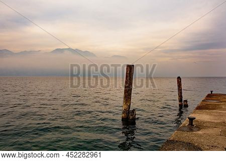 Winter At Lake Garda, Seen From Castelletto Di Brenzone In Verona Province, Veneto, North East Italy