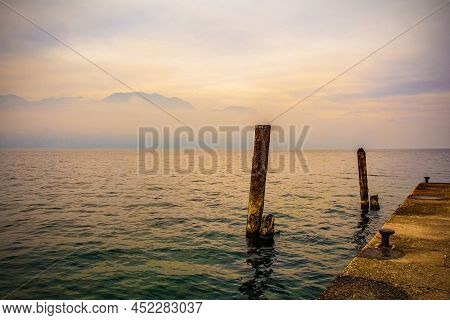 Winter At Lake Garda, Seen From Castelletto Di Brenzone In Verona Province, Veneto, North East Italy