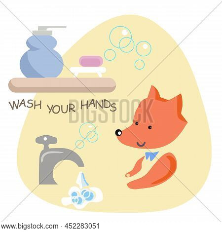 Fox Washes His Hands .bathroom Accessories. Vector Illustration. Isolated On White Background