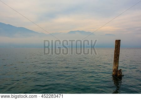 Winter At Lake Garda, Seen From Castelletto Di Brenzone In Verona Province, Veneto, North East Italy