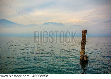 Winter At Lake Garda, Seen From Castelletto Di Brenzone In Verona Province, Veneto, North East Italy