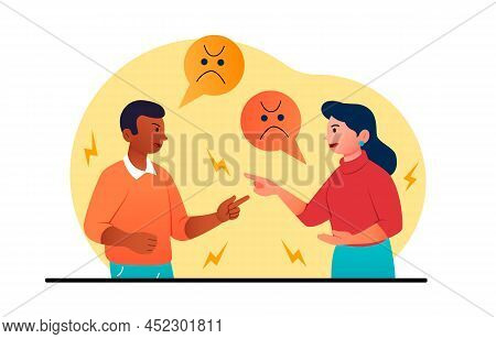 Aggressive Dispute Concept. Man And Woman Scream At Each Other And Point Fingers, Dissatisfaction An