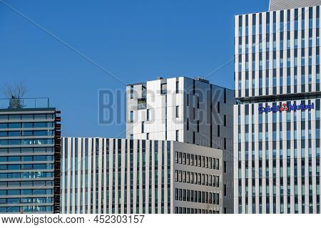 Strasbourg, France - Mar 8, 2022: Office Neighborhood Witn Large Credit Mutuel Signage Logotype On T