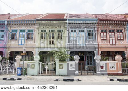 Singapore- Mar 26, 2020: Colorful Peranakan Heritage Residential House At Joo Chiat Road In Singapor