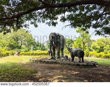 Beautiful Long View Of Elephants Family Cement Sculptures In Gulbarga University Garden: Kalaburagi,