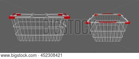 Shopping Basket, Empty Supermarket Metal Cart With Handles. Isolated Customers Equipment For Purchas