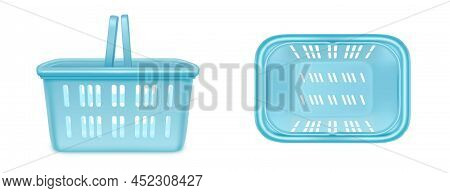 Supermarket Basket, Blue Shopping Cart In Top And Side View. Vector Realistic Mock Up Of Empty Plast