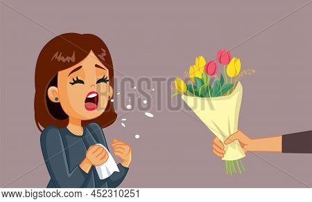 Allergic Woman Sneezing Receiving Flowers Vector Cartoon Illustration