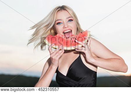 Portrait Excited Amazed Young Woman Is Holding Slice Of Watermelon. Emotional Face. Human Emotions, 