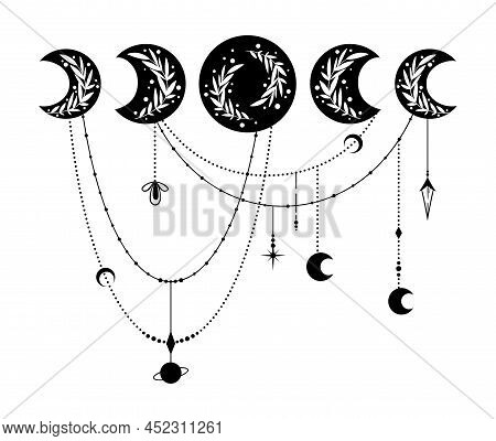 Mystical Boho Moon Phases Isolated Clipart On White, Celestial Magic Moon Composition, Black Moons S