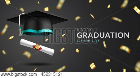Graduation Greeting Vector Design. Happy Graduation Text With Mortarboard Cap, Diploma And Confetti 