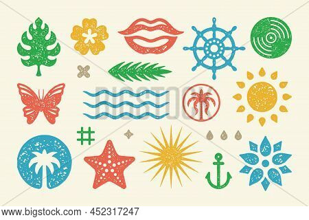 Summer Symbols And Objects Set Vector Illustration. Joyful Lips Smile With Bright Sun And Tropical L