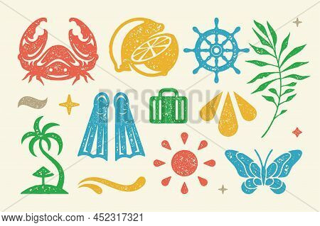 Summer Symbols And Objects Set Vector Illustration. Cut Lemon Wedges And Bright Sun For Pleasant Sta
