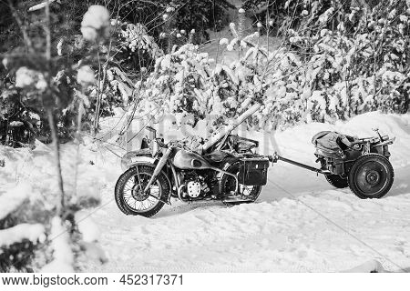 Old Tricar, Three-wheeled Motorbike Of Wehrmacht, Armed Forces Of Germany Of World War Ii Time In Wi