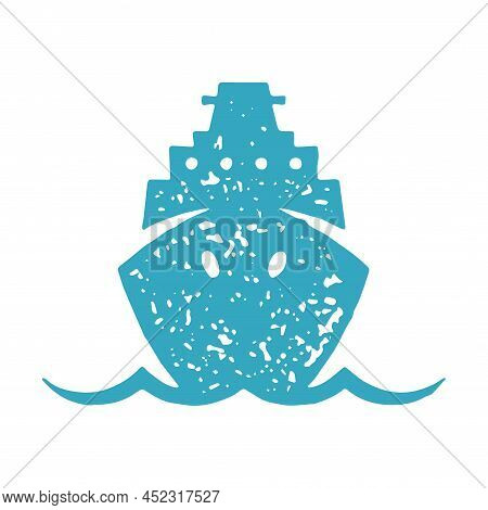 Front View Huge Blue Cruise Liner Floating On Wave Sea Water Decorative Design Grunge Texture Vector