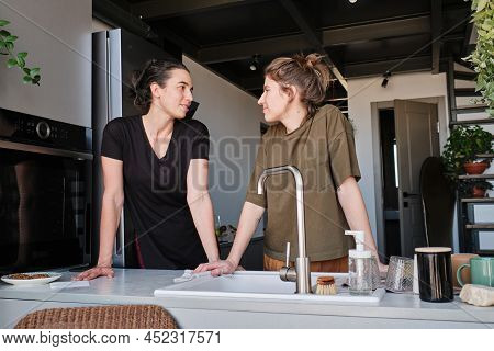 Young Lesbian Couple Looking At Each Other While Standing At Table With Sink During Household In Kit