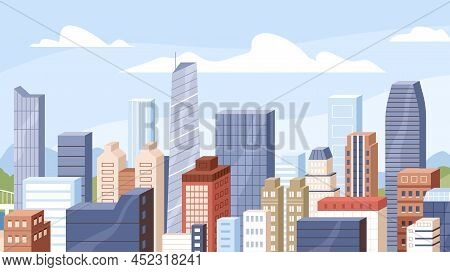 City Business And Residential Buildings, High Skyscrapers And Sky With Clouds At Day Time. Modern Ur