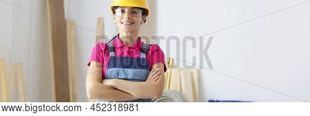 Portrait Of Woman Forewoman At Construction Project, Control Progress At Work, Finish Modern Renovat