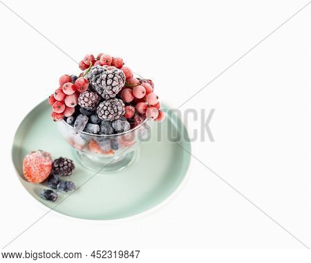 A Mix Of Frozen Berries In A Transparent Bowl. Berries Are Rich In Vitamin C, Home Freezing, Harvest
