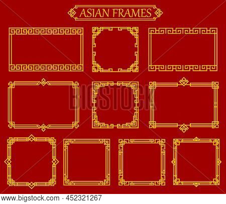 Asian Square And Rectangular Chinese, Japanese, Korean Frames And Borders. Vector Gold Photo Frames 