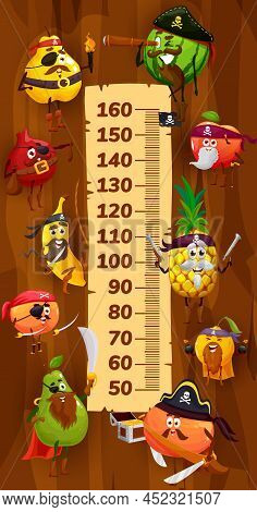 Kids Height Chart, Cartoon Fruit Pirates And Corsairs Growth Meter. Vector Stadiometer Ruler With Qu
